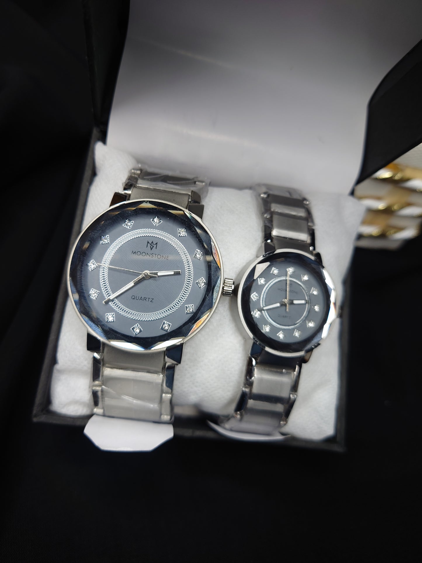 Moonstone Couple Watch Set – Silver Stainless Steel Matching Watches for Him & Her