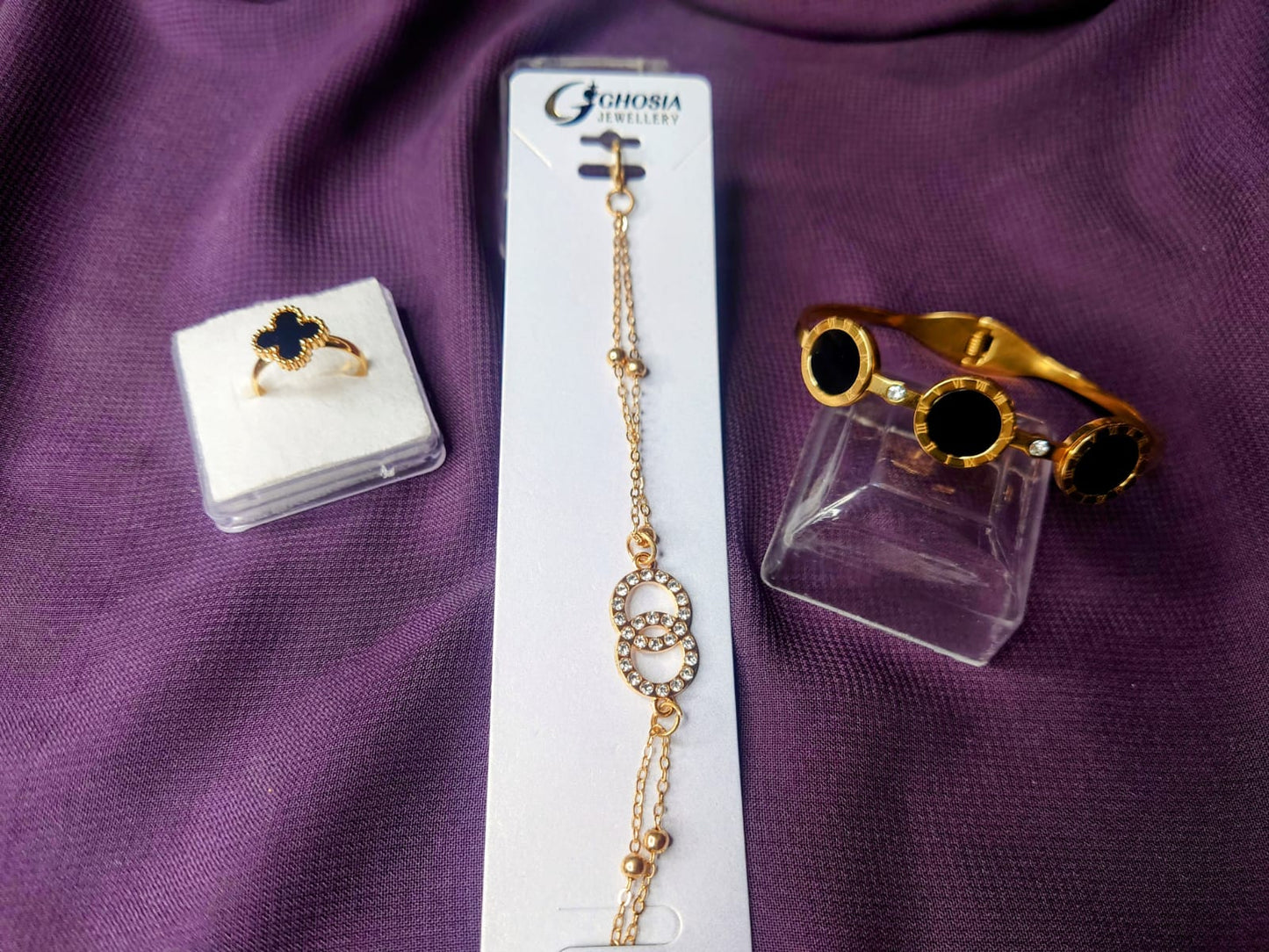 Luxury Black & Gold Jewelry Set – Adjustable Ring, Bracelet & Chain Bracelet
