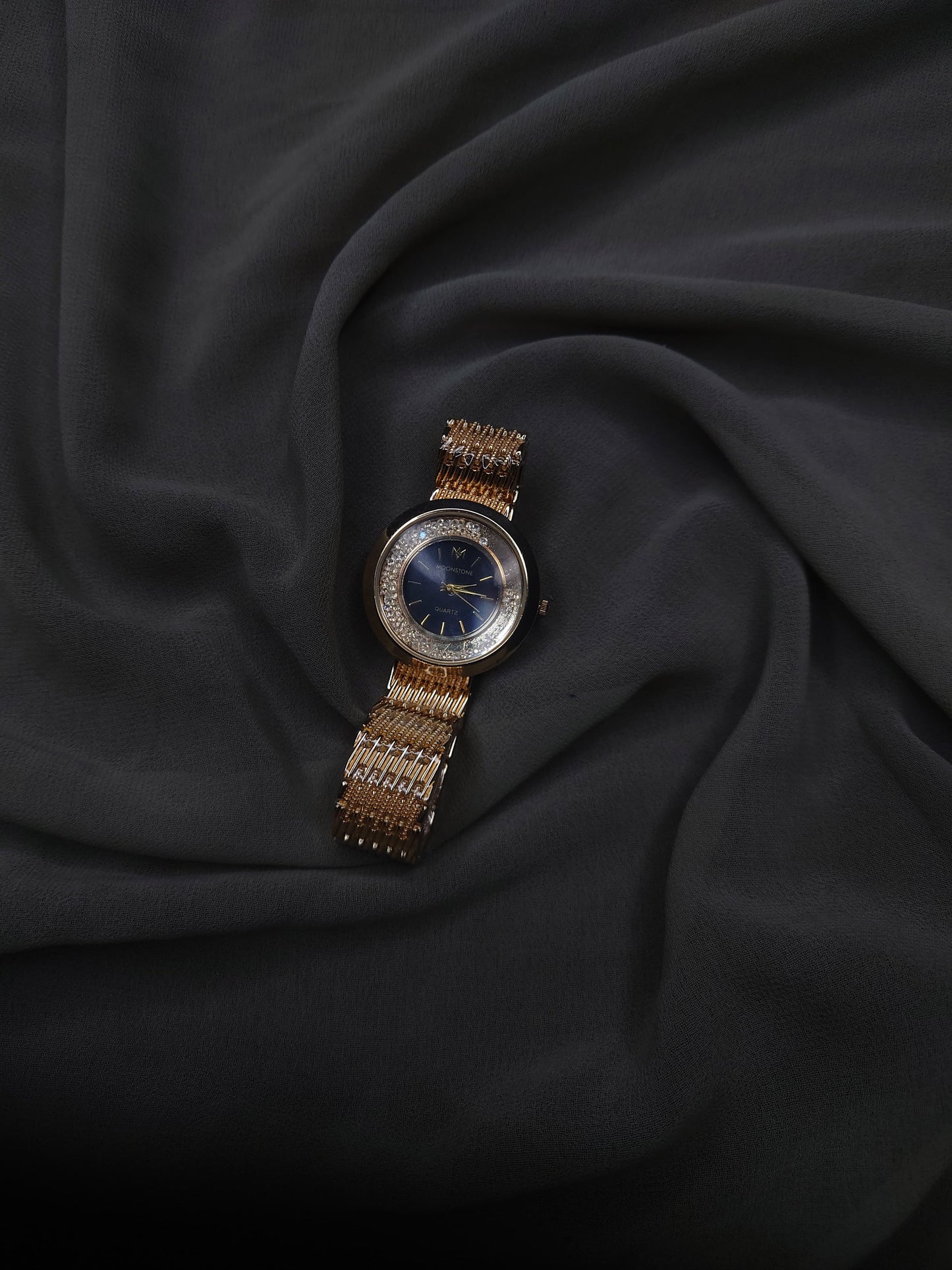 Luxury Gold-Plated Women's Watch with Crystal Bezel & Blue Dial