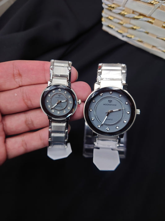 Moonstone Couple Watch Set – Silver Stainless Steel Matching Watches for Him & Her