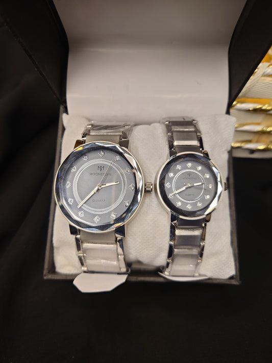 Moonstone Couple Watch Set – Silver Stainless Steel Matching Watches for Him & Her