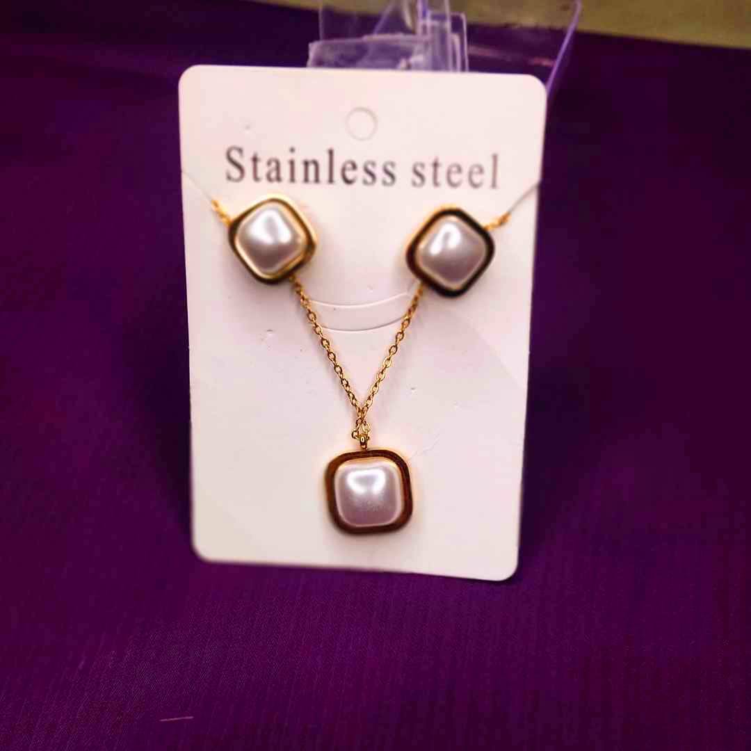 Elegant Pearl Stainless Steel Jewelry Set – 3 Pcs | Bracelet, Ring & Necklace