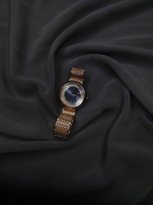 Luxury Gold-Plated Women's Watch with Crystal Bezel & Blue Dial