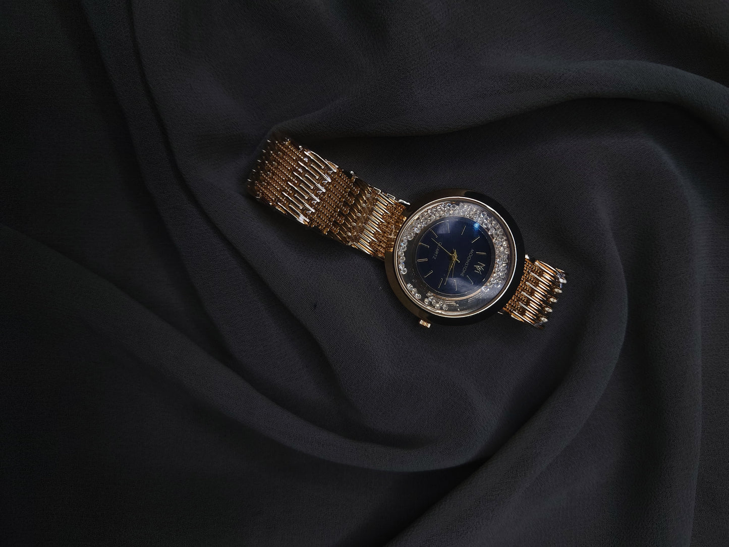 Luxury Gold-Plated Women's Watch with Crystal Bezel & Blue Dial